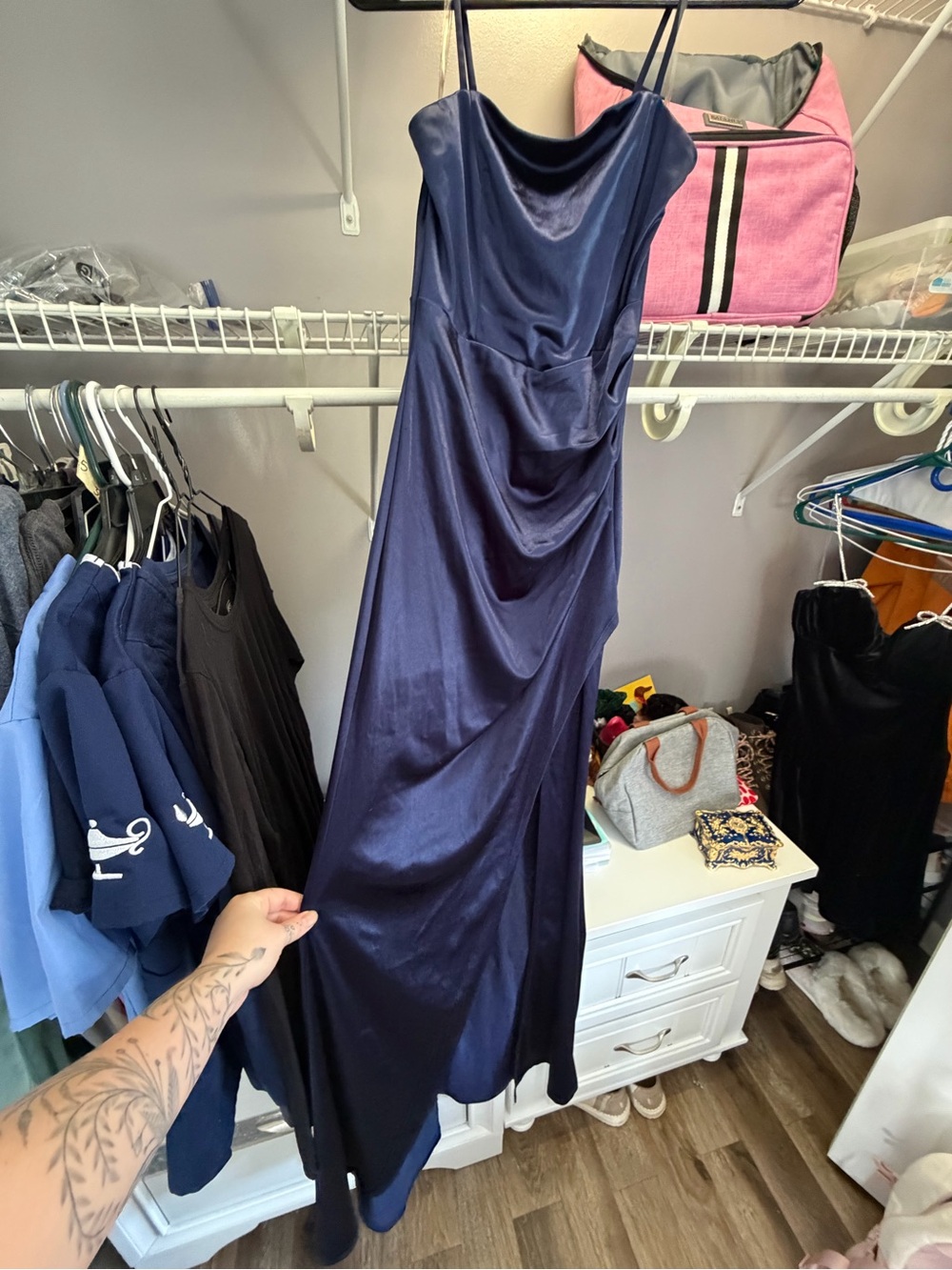 Honey and Rosie Navy Blue Satin Maxi Dress with Draped Front